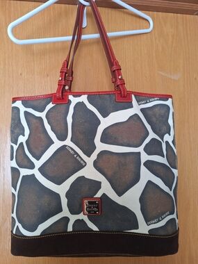 Dooney & Bourke Brown and White Giraffe-Print Tote Laptop Bag with Red Trim